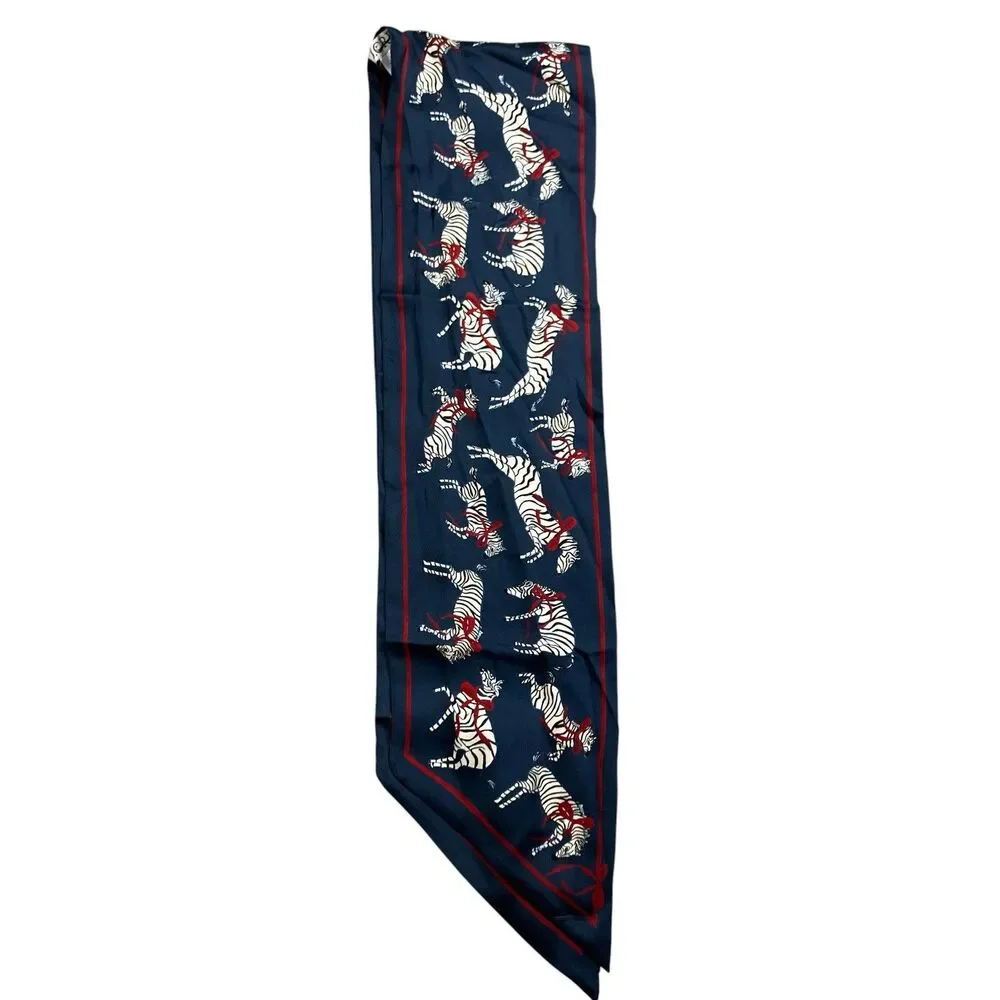 J Crew Silk Skinny Scarf Womens One Size Navy Red Zebra Bow Twilly BS227
